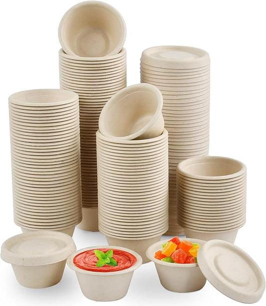 200 Pack 2oz Biodegradable Condiment Cups with Lids, 2 oz Containers with Lids, Small Condiment Cups Sauce Cups for Ketchup Salad Sauce Cheese Buttter