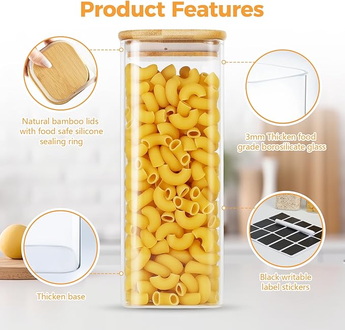 Glass Jars with Bamboo Lids 34 FL OZ, 8 Pack Glass Canisters with Airtight Lid, Square Glass Kitchen Storage Containers for Pasta, Cereal, Coffee, Flour, Sugar, Oats, Beans
