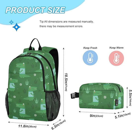 Emelivor Green Crocodiles Leave Kids Backpack for Girls Boys School Bookbag with Insulated Lunch Box for Hight Middle School Teen Girls Backpacks