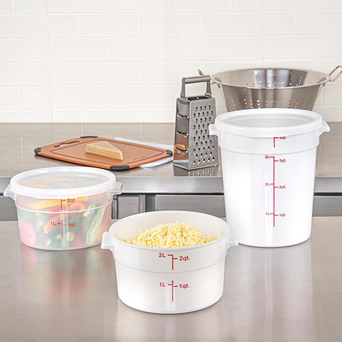 Restaurantware-Met Lux 2 Quart Food Storage Containers, 10 White Storage Containers - Lids Sold Separately, Red Volume Markers, Dishwashable Containers, Side Handles, For Storing Foods