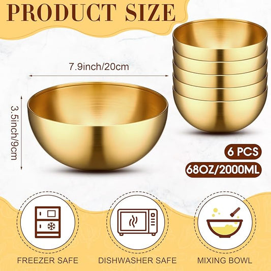 Nuogo 6 Pack Stainless Steel Gold Mixing Bowls Gold Esthetician Bowls for Wedding Party Facial Cereal Rice Noddle Snack Fruit Cereal Snack Appetizer Cooking Baking Serving(7.9 Inches)