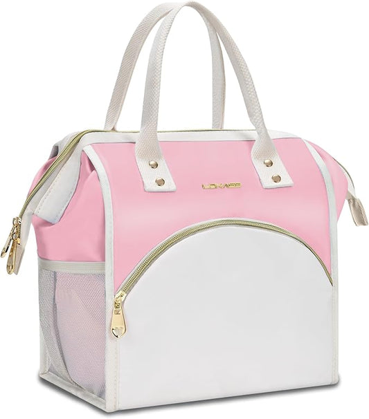 LOKASS Lunch Bag Women Insulated Lunch Box, Wide-Open Lunch Tote Bag Leak-proof Cooler Bag for Work Picnic-（Light Pink）