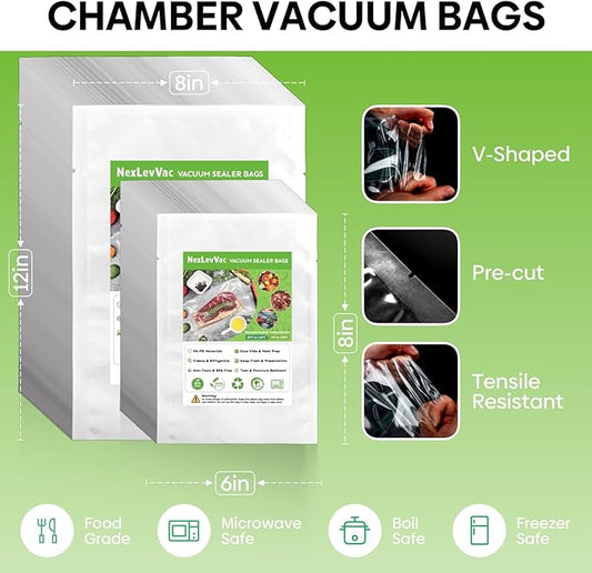 Chamber Vacuum Sealer Bags 200PCS Quart 8"x12",Heavy Duty Pre-Cut Vacuum Chamber Pouches for Food Storage,Sous Vide or Meal Prep,BPA-Free Thick Seal a meal bag for Commercial Sealer Machine