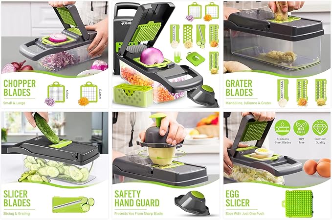 12 in 1 multifunctional Chopper with container, x Blade Vegetable chopper, Egg slicer, Onion Mincer, Cheese slicer, Dicer, Cutter, French fry cutter, Normal, green and gray