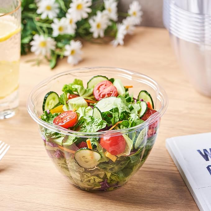 FULING 48 oz. 150 Sets Clear Plastic Salad Bowls with Airtight Lids Disposable To Go Mixing Containers Serving for Fruit, Quinoa, Lunch and Meal Prep