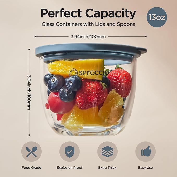 Glass Meal Prep Bowls Set - Leakproof Lids, Microwave & Dishwasher Safe 13 oz (4-Pack) Perfect for Meal Prepping, Portion Control, and On-the-Go Lunches BPA-Free