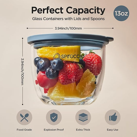 Glass Meal Prep Bowls Set - Leakproof Lids, Microwave & Dishwasher Safe 13 oz (4-Pack) Perfect for Meal Prepping, Portion Control, and On-the-Go Lunches BPA-Free