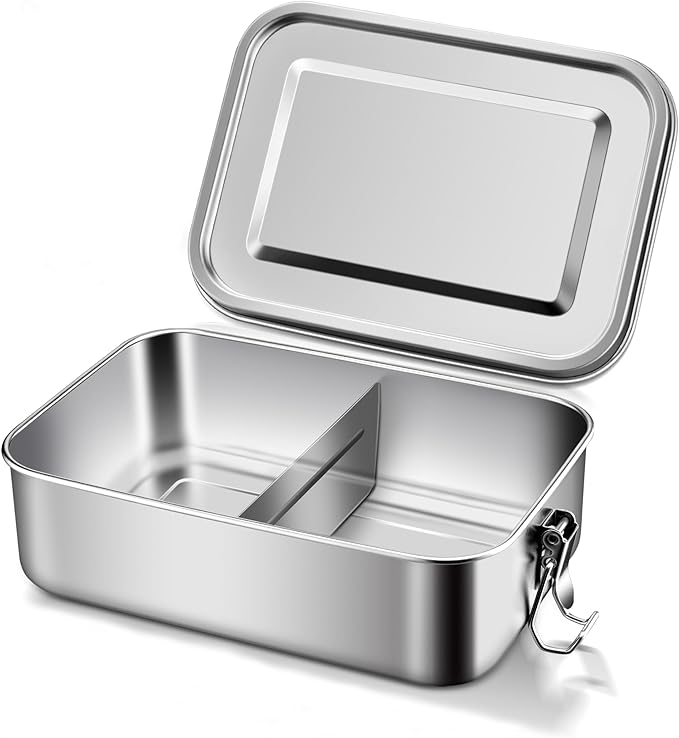 18/8 Stainless Steel Bento Box with Removable Dividers, 47oz (1400ML) Metal Lunch Food Container with Lids and Locking Clips, Food Storage Containers for Office Meals, School, Leak-Proof