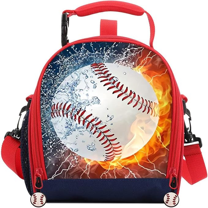 Boys Insulated Lunch Box, Baseball Theme, Polyester Material, 7.5in x 4.3in x 9.8in