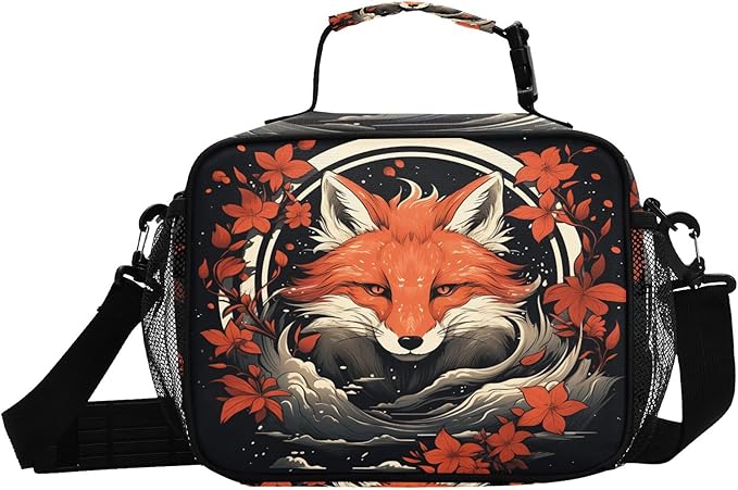 MNSRUU Student Lunch Bag Fox and Flowers Insulated DinnerTotes Picnic Bag Lunch Box with Adjustable Shoulder Strap for Teen Kids Adults