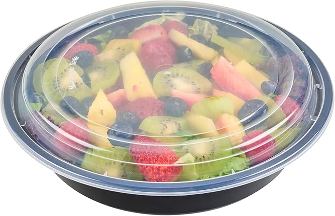 Restaurantware Asporto 48 Ounce To Go Boxes 100 Microwavable Take Out Food Containers - Clear Plastic Lids Included Do Not Contain BPA Black Plastic Catering Food Containers Disposable Round