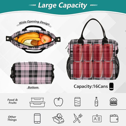 Pink Black Tartan Plaid Valentines Lunch Bag Insulated Cooler Bag Tote Reusable Lunch Box for Women Men Adult Adjustable Shoulder Strap Leakproof for Work Picnic