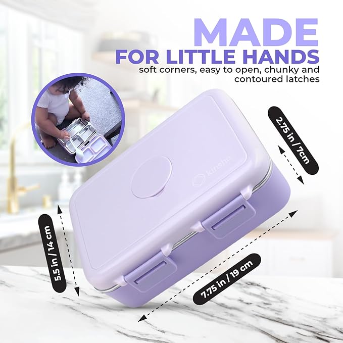 Stainless Steel Lunch Box for Baby Toddlers Girls, Mini Bento, 3 Eco Metal Portion Sections Leakproof Lid, Pre-School Daycare Lunches, Toddler Kids Spill-Proof Snack Container, 18 oz/550 mL Purple