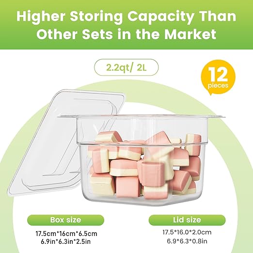 6 Pack Plastic Food Pan with Lid 1/6 Size 2.5 Inch Deep Restaurant Clear Food Storage Containers Polycarbonate Commercial Hotel Pans for Fruits Vegetables Beans Corns (12 PCS, 2.5'' Deep)