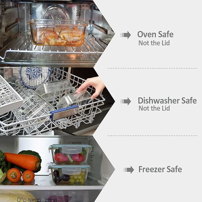 Glass Food Storage Containers with Lids Airtight 6 Pack, Glass Storage Containers with Lids for Food, Not Easy Broken & Leak Proof, Glass Containers with Lids for Oven/Dishwasher Safe, Grey