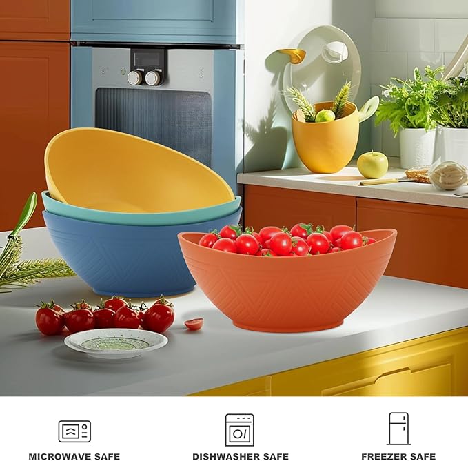 65 OZ Wheat Straw Bowls Set of 4, Large Unbreakable Salad Bowls, Microwave & Dishwasher Safe Serving Bowl, Kitchen Bowl Mixing Bowl for Salad, Cereal, Soup and Oatmeal (Multicolor)