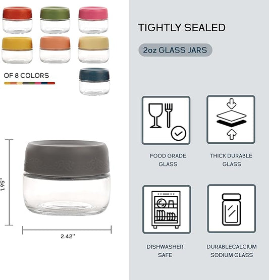 2 OZ Glass Food Jar Storage Containers with Airtight Lids, Reusable Wide Mouth Overnight Oats Glass Mason Jars for Snacks Yogurt Pudding(Multicolor 8pack)