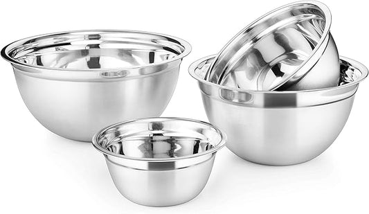 AVADOR Premium Stainless Steel Mixing Bowls, Set of 4 Brushed Stainless Steel Mixing Bowl Set, Easy To Clean, Space Saving, Great for Cooking, Baking, Prepping (4 pc German Mixing Bowl)