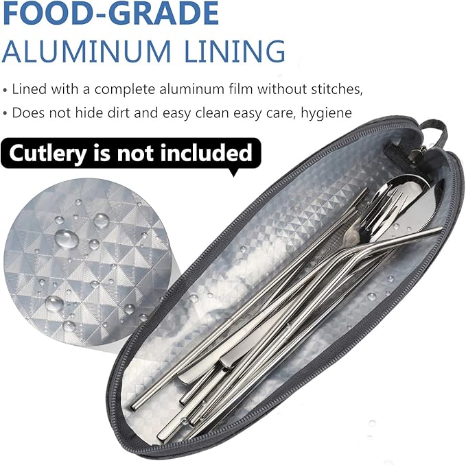 Aosbos Travel Utensil Sets Carrying Case Portable Cutlery Set Pouch Reusable Silverware Set Bag Stainless Steel Straws Pouch Chopsticks Knife Fork and Spoon Holder for Work Bento Box Lunch Bag, Grey