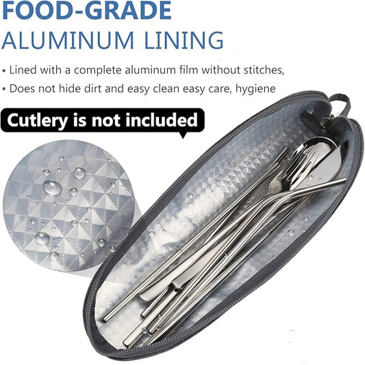 Aosbos Travel Utensil Sets Carrying Case Portable Cutlery Set Pouch Reusable Silverware Set Bag Stainless Steel Straws Pouch Chopsticks Knife Fork and Spoon Holder for Work Bento Box Lunch Bag, Grey