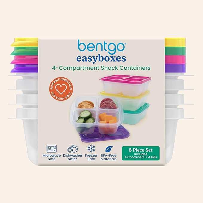 Bentgo Easyboxes 4-Compartment Snack Containers - 8-Piece Set with 4 Trays & 4 Custom-Fit Lids to Seal in Freshness - Reusable Food Storage & Meal Prep Bento BPA-Free Containers (Brights)