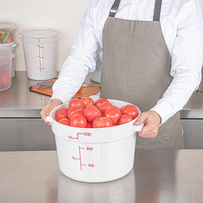 Restaurantware-Met Lux 12 Quart Food Storage Containers, 10 White Storage Containers - Lids Sold Separately, Red Volume Markers, Dishwashable Containers, Side Handles, For Storing Foods