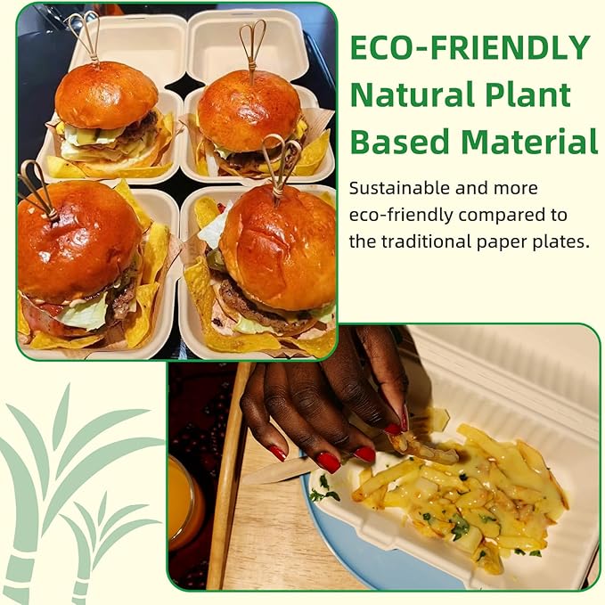 125-Pack 9x6 Inch Compostable Clamshell Take Out Food Containers,Disposable Heavy-Duty To Go Containers with Hinged Lid, Eco-Friendly Biodegradable Bagasse Take Out Food Boxes(Brown)