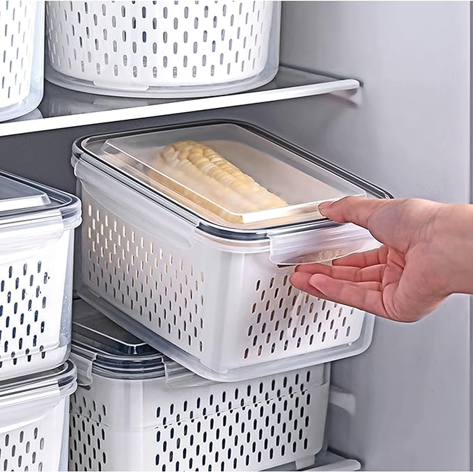 4 Pack Large Fridge Food Storage Container Set with Lids with Strainer, Fruit Vegetable Storage Containers Keep Fruits, Vegetables, Berry, Meat Fresh longer , BPA-Free Plastic Produce Keepers