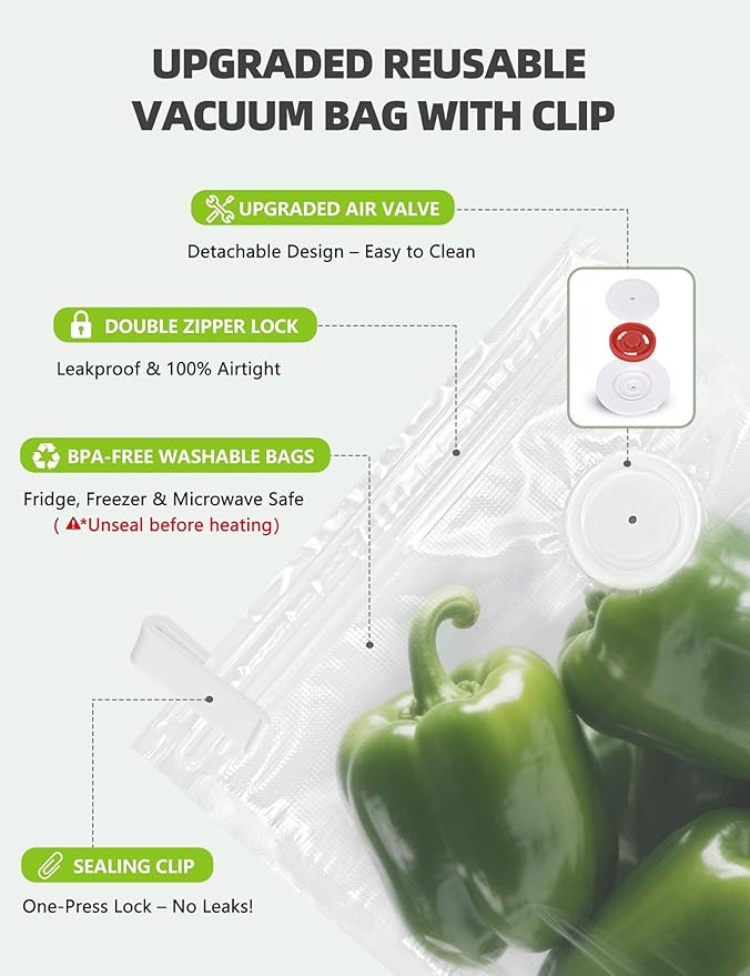 Vacuum Sealer Bags, Reusable Vacuum Zipper Bag, BPA Free Heavy Duty Vacuum Storage Bag for Food, Large Size 15 Bags