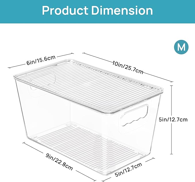 Vtopmart 1 Pack Clear Stackable Storage Bin with Lid, Medium Plastic Container with Handle for Pantry Organizer and Storage,Perfect for Kitchen,Fridge,Cabinet, Closet,Bathroom Organization