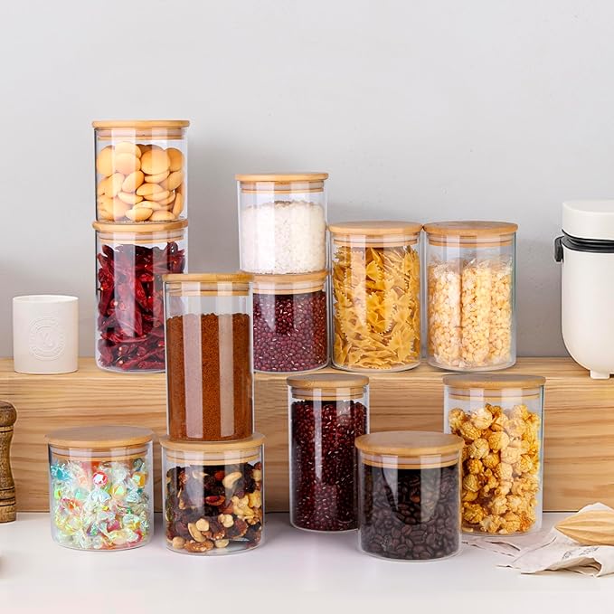 Glass Food Storage Jars, Food Containers with Airtight Bamboo Lids for Pasta, Cookies, Nuts, Coffee Beans, Cereal, Glass Canisters for Kitchen, Pantry Organization,Set of 4