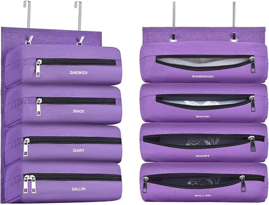 Zipper Bag Organizer Compatible with Gallon, Quart, Sandwich & Snack Food Storage Bag, Kitchen Plastic Bag Storage Organizer for Kitchen RV Camper (Purple)