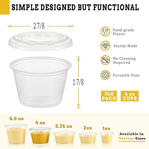 VITEVER [240 Sets - 4 oz ] Portion Cups With Lids, Small Plastic Containers with Lids, Airtight and Stackable Souffle Cups, Jello Shot Cups, Sauce Cups, Condiment Cups for Lunch, Party, Trips