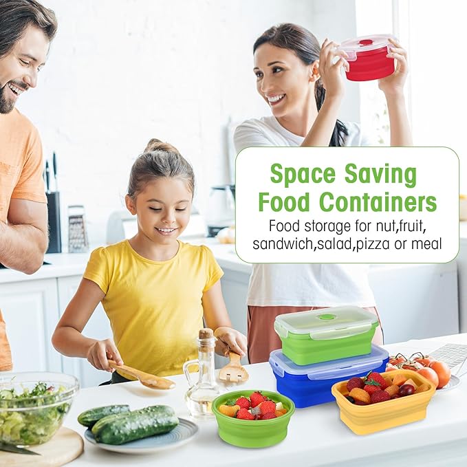 Yaomiao 16 Pack Collapsible Food Storage Containers with Lid Foldable 8 Pcs Rectangle Storage Bowl and 8 Pcs Round Silicone Food Bow for Lunch Rv Accessories Microwave Freezer Safe(Bright Colors)