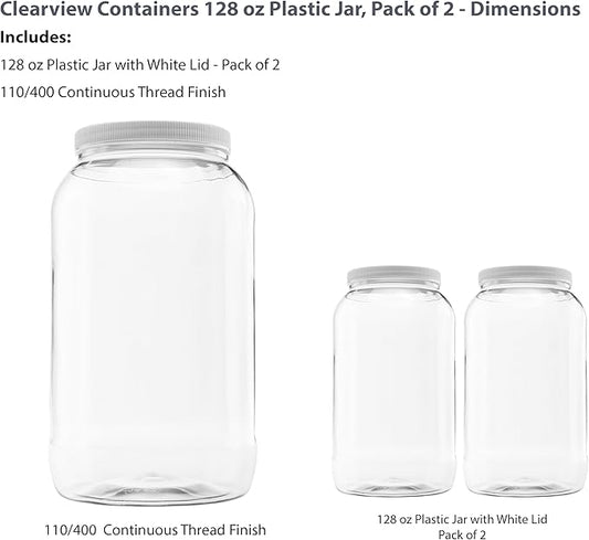 2 Pack of 128 Ounce Plastic Gallon Jars with 110/400 Leak Proof Seal Lid - Food Grade and BPA Free (128oz, 2pk)