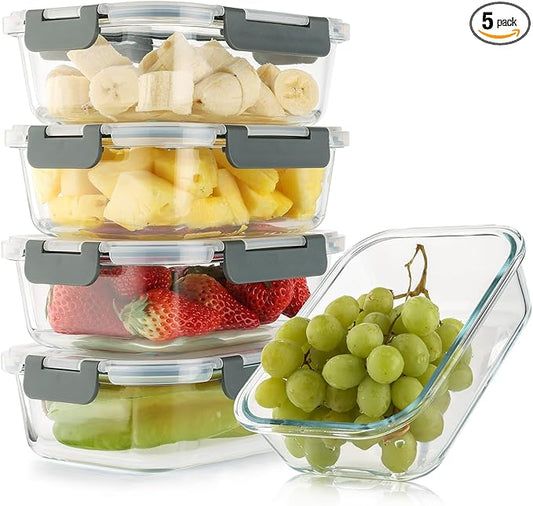 5 Pack 36 Oz Glass Meal Prep Containers with Lids, Reusable Glass Food Storage Airtight Lunch Containers with Lids, Leak Proof, Microwave, Oven, Freezer and Dishwasher Safe (Gray)