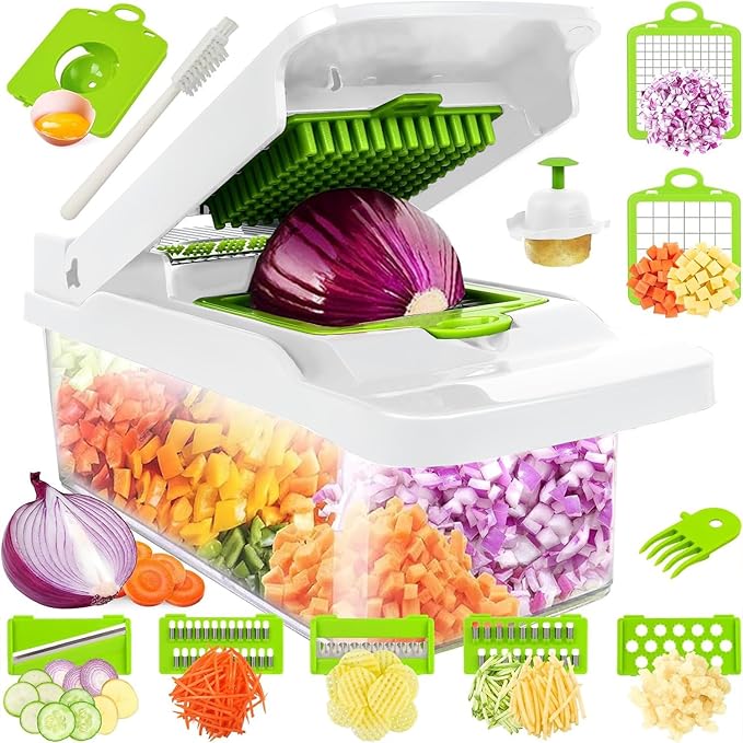 Vegetable Chopper,Food Chopper,Pro 12 in1 Multifunctional Onion Veggie Chopper,Vegetable Chopper With Container,Vegetable Slicer Dicer Cutter,Mandoline Slicer,Salad,Garlic (White)