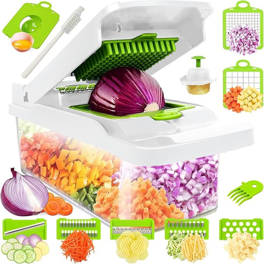Vegetable Chopper,Food Chopper,Pro 12 in1 Multifunctional Onion Veggie Chopper,Vegetable Chopper With Container,Vegetable Slicer Dicer Cutter,Mandoline Slicer,Salad,Garlic (White)
