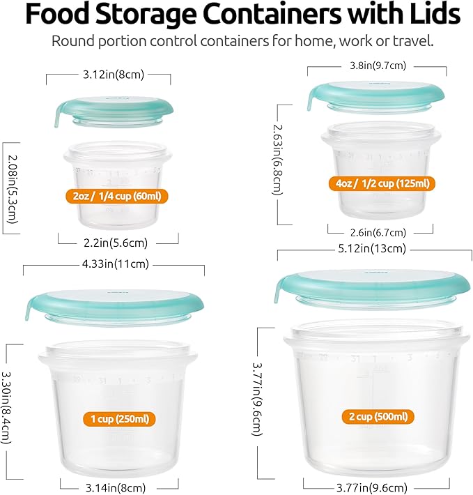 U-Taste Silicone Food Storage Containers Set: Meal Prep Box with Airtight Lid, Freezer & Microwave Safe, Date Marking Circle, Clear cup/oz/ml Measurement for Dry & Wet Deli (2oz/4oz/8oz/16oz, Teal)