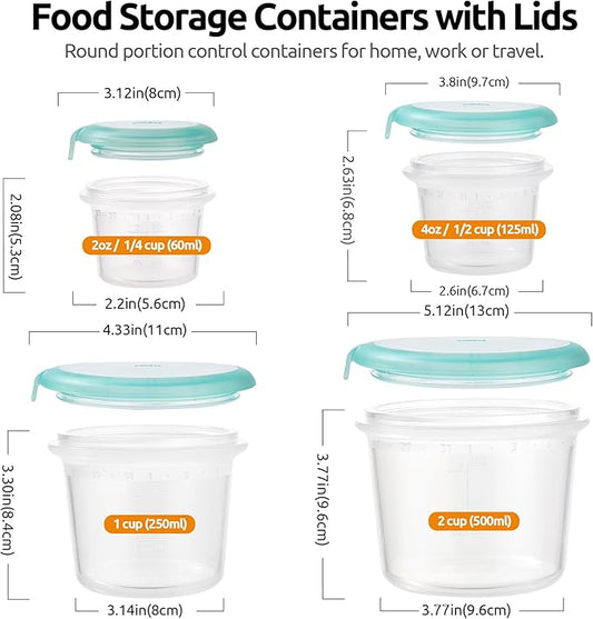 U-Taste Silicone Food Storage Containers Set: Meal Prep Box with Airtight Lid, Freezer & Microwave Safe, Date Marking Circle, Clear cup/oz/ml Measurement for Dry & Wet Deli (2oz/4oz/8oz/16oz, Teal)