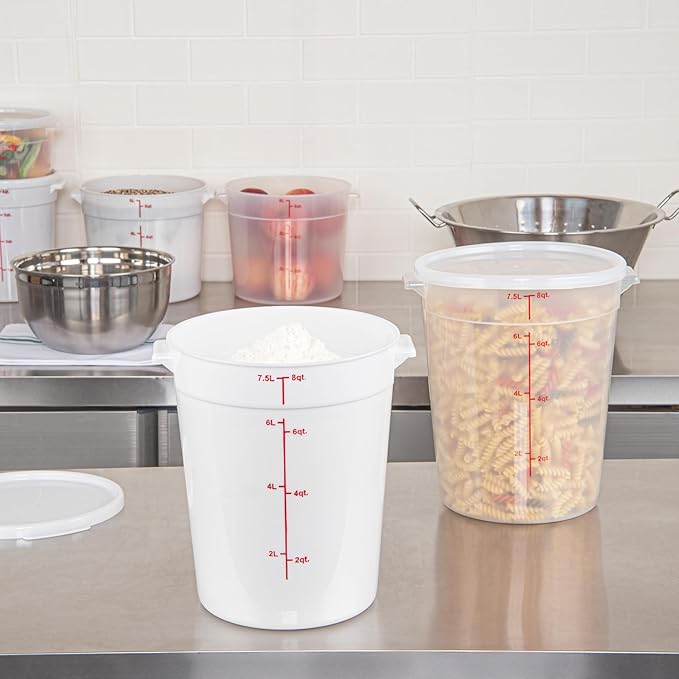 Restaurantware-Met Lux 8 Quart Food Storage Containers, 10 White Storage Containers - Lids Sold Separately, Red Volume Markers, Dishwashable Containers, Side Handles, For Storing Foods