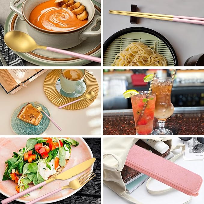AARAINBOW 6 Pieces Stainless Steel Flatware Set Portable Reusable Cutlery Set Travel Utensils Set Including Chopsticks Knife Fork Spoon Straws Cleaning Brush Dishwasher Safe (B-Pink golden)