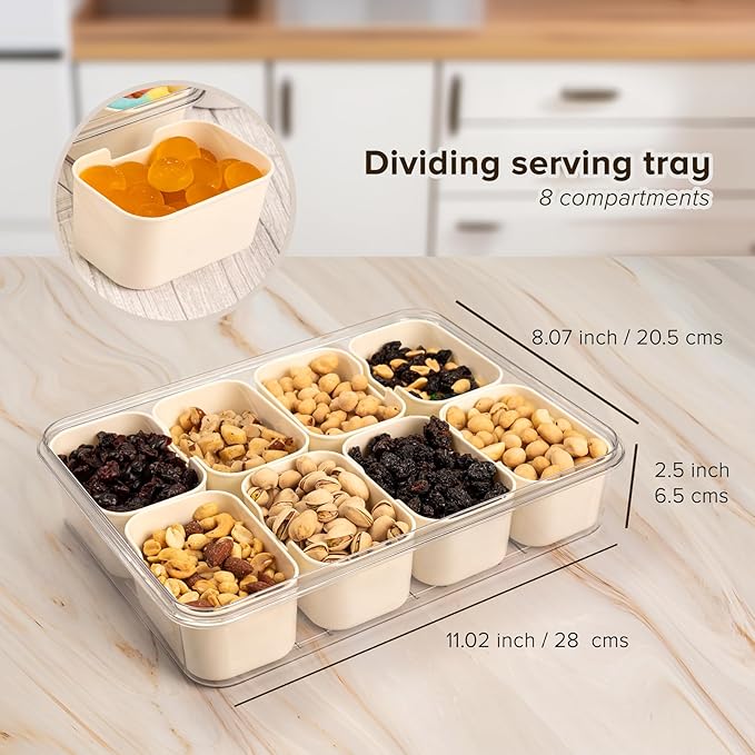 Divided tray with lid and handle, square food storage with 8 compartments, clear organizer for candies, fruits, nuts, and snacks. Perfect for parties and entertainment., Ivory White