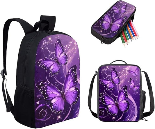 Dolyues Purple Butterflies Girls Backpack Set: 17 Inch School Backpack with Reflective Stripes, Thermal Lunch Tote & Glitter Pencil Case - Safety & Style Combined