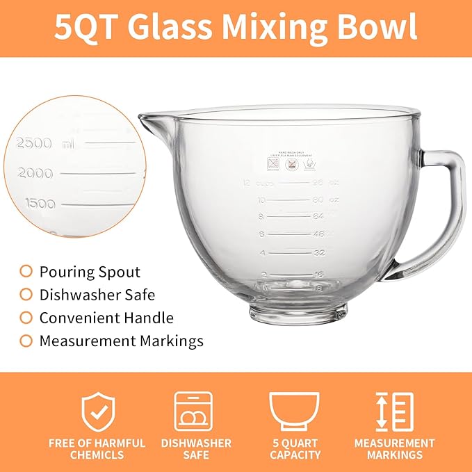 5QT Glass Bowl Compatible with KitchenAid 4.5 and 5-Quart Tilt Stand Mixers,Glass Mixing Bowl with Lid, Measurement Markers and Handle, Dishwasher Safe
