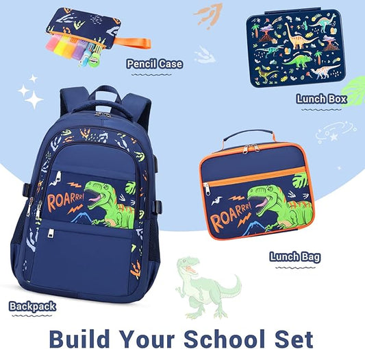 Boys Backpack - Dinosaur Bento Box with Insulated Lunch Bag Pencil Case & Utensils Set for Kids, 6 Leakproof Compartments Removable Tray Lunches or Snack Container