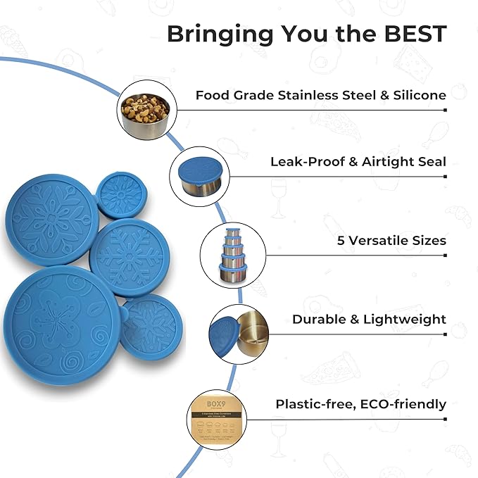 Stainless Steel Containers with Lids - Leak Proof BPA Free | Easy Open Silicone Lids | Meal Prep, Snacks, Lunch for Kids & Adults (32oz/23oz/13oz/6oz/3oz)