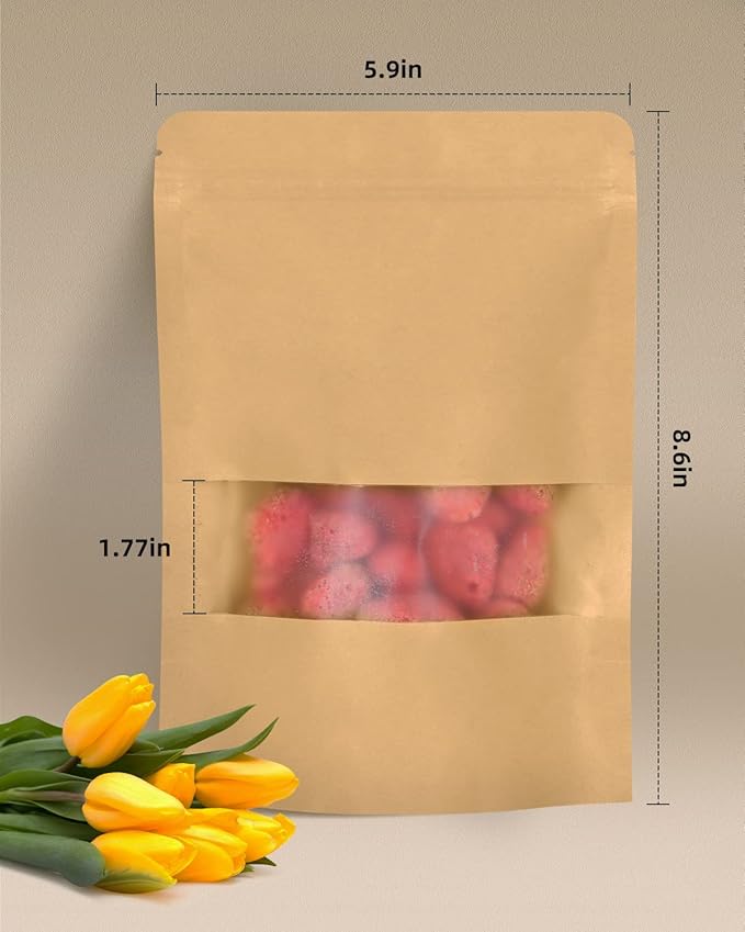 100pcs Kraft Bags with Window 5.9x8.6 Inches Brown Reusable Sealable Zip Lock Food Storage Stand up Paper Pouches for Home or Business