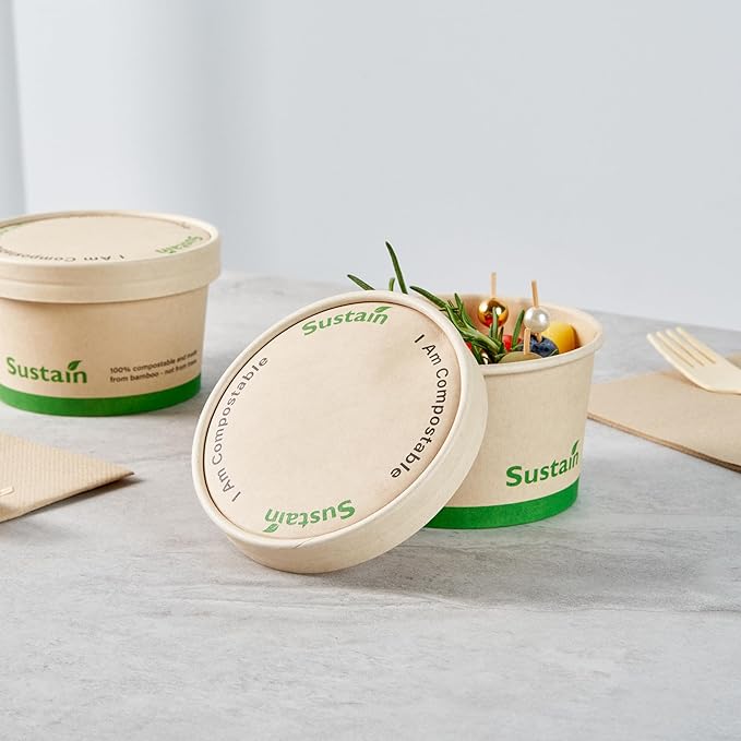 Restaurantware-LIDS ONLY: Sustain Round Paper Soup Container Lids, 50 Disposable Ice Cream Cup Lids - Cups Sold Separately, For 12 Ounce Cups, Bamboo To Go Cup Lids, With PLA lining, Compostable