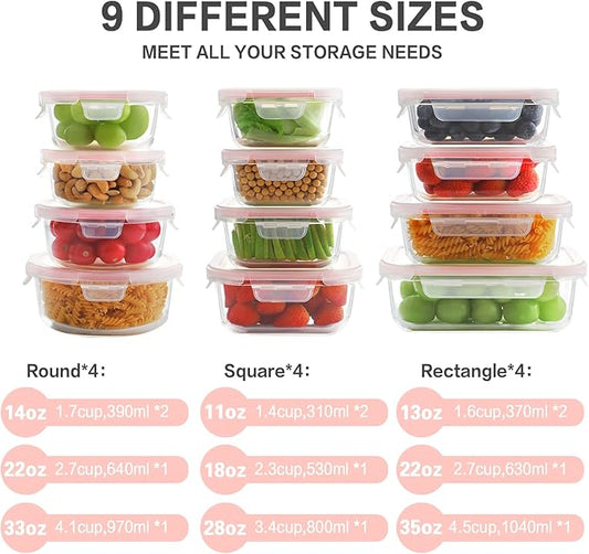 Glass Food Storage Containers with Lids, [24 Piece] Glass Meal Prep Container, Airtight Bento Boxes, BPA Free & Leak Proof (12 lids & 12 Containers) - Pink